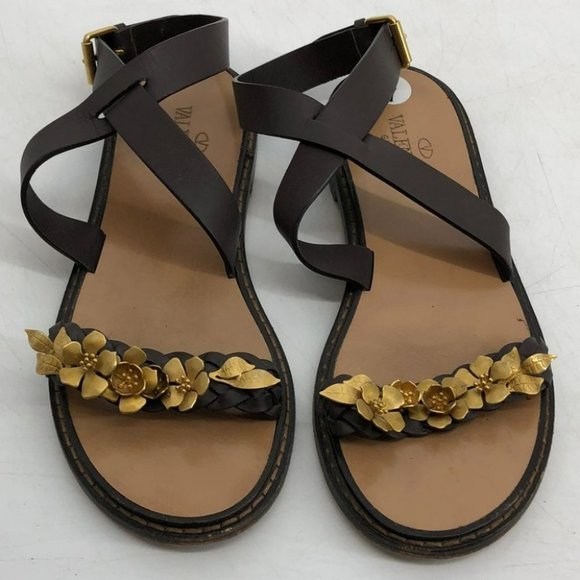 Valentino Garavani brown leather braided strappy sandals gold flower embroidery - Picture 12 of 14